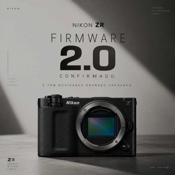 A Nikon ZR está prestes a ficar ainda mais completa. 🎥 Firmware 2.0 confirmado para 2026, trazendo H.265 com Log3G10 + REDWideGamutRGB, Focus Peaking em R3D NE e mais controle de r